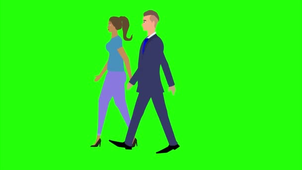 Анімація Чоловіком Жінками Персонаж Ходить Збоку Безшовна Петля Зеленому Екрані — стокове відео