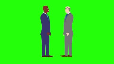 İki iş adamı karakterinin yeşil ekran kroma tuşunda birbiriyle konuşması animasyonu