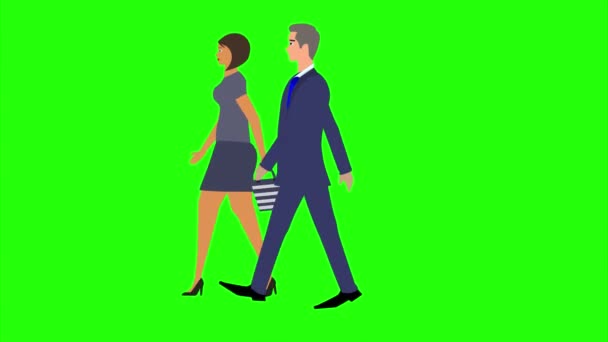 Animacja Mężczyznami Kobietami Postać Chodząca Widok Boku Płynna Pętla Zielonym — Wideo stockowe