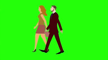 Erkek ve kadın karakterli animasyon yan görünüm, yeşil ekranda pürüzsüz döngü, krom anahtar