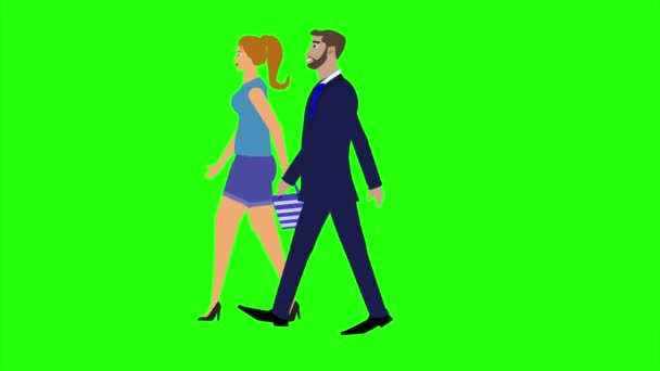 Анімація Чоловіком Жінками Персонаж Ходить Збоку Безшовна Петля Зеленому Екрані — стокове відео