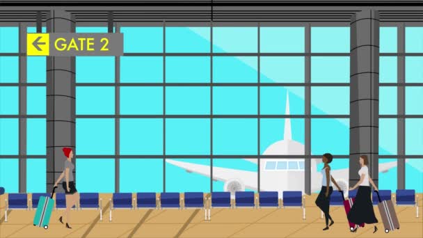 Женщины Гуляющие Аэропорту Мультяшная Анимационная Сцена Туристический Фон — стоковое видео