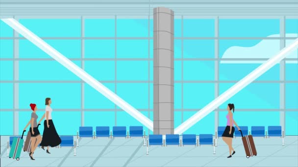 Vrouwen Mensen Lopen Luchthaven Cartoon Animatie Scene Reizen Achtergrond — Stockvideo