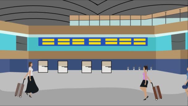 Wanita Berjalan Bandara Adegan Animasi Kartun Latar Belakang Perjalanan — Stok Video
