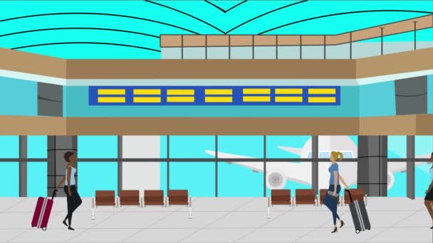 在机场散步的妇女 卡通片动画场景 旅行背景 — 图库视频影像