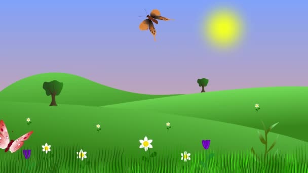 Весенняя Анимация Бабочками Полями Плоский Графический Фон — стоковое видео