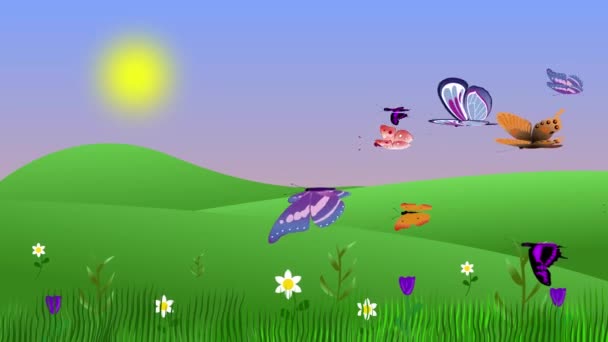 Vårmiljö Animation Med Fjärilar Och Fält Platt Grafisk Tecknad Bakgrund — Stockvideo