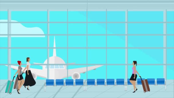Nők Sétálnak Repülőtéren Rajzfilm Animációs Jelenet Utazási Háttér — Stock videók
