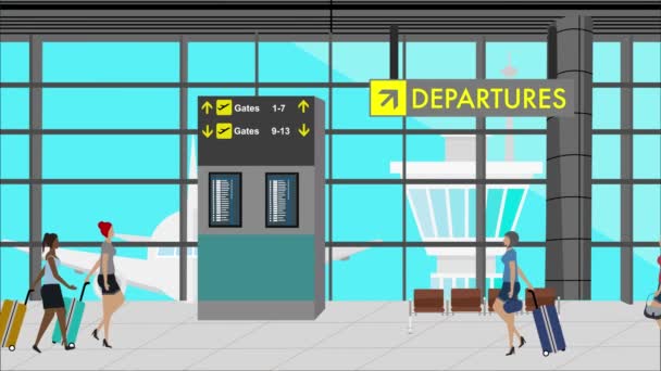 Wanita Berjalan Bandara Adegan Animasi Kartun Latar Belakang Perjalanan — Stok Video