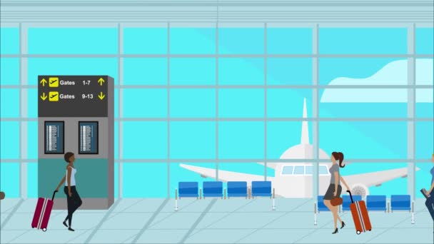 Женщины Гуляющие Аэропорту Мультяшная Анимационная Сцена Туристический Фон — стоковое видео