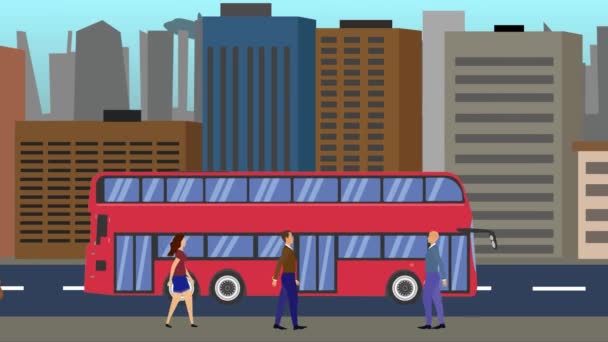 Płaska Animacja Tła Miasta Ludźmi Samochodami Poruszającymi Się Drodze — Wideo stockowe