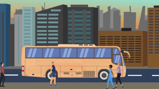Płaska Animacja Tła Miasta Ludźmi Samochodami Poruszającymi Się Drodze — Wideo stockowe