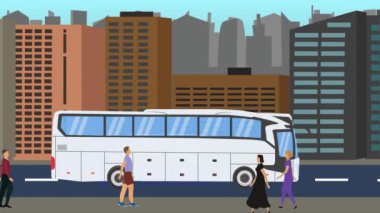Şehir arka planının 2D düz animasyonu. İnsanlar ve arabalar yolda.