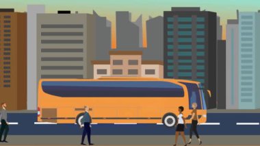 Şehir arka planının 2D düz animasyonu. İnsanlar ve arabalar yolda.