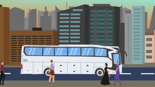 途中で走っている人々や車との都市背景のフラットアニメーション — ストック動画