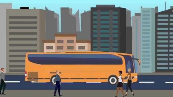 城市背景的2D平面动画 人和汽车在路上行驶 — 图库视频影像