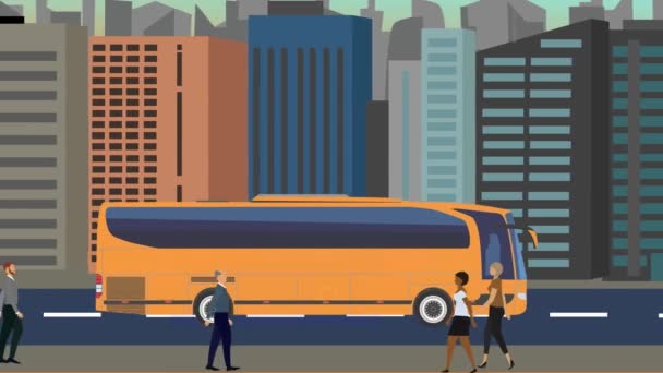 城市背景的2D平面动画 人和汽车在路上行驶 — 图库视频影像