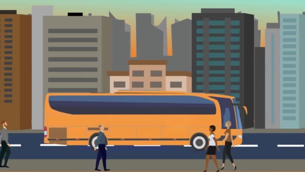 Плоская Анимация Городского Фона Людьми Машинами Идущими Дороге — стоковое видео
