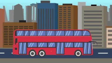 Şehir yolunda otobüs yolculuğu, 2D düz animasyon, kusursuz döngü.