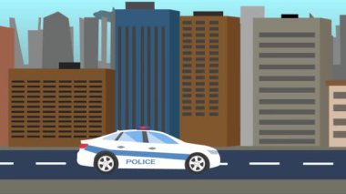 Şehir yolunda giden polis arabası, 2D animasyon, kusursuz döngü.