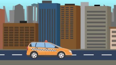 Şehir arka planında çalışan taksi, 2D düz animasyon, kusursuz döngü