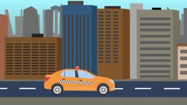 Şehir arka planında çalışan taksi, 2D düz animasyon, kusursuz döngü