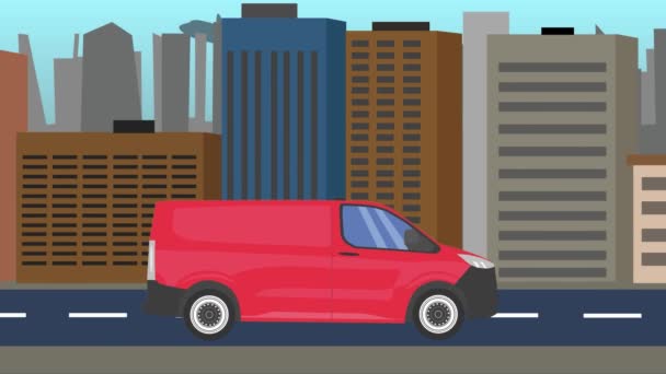 Samochód Dostawczy Jazdy Drodze Przed Miastem Płaska Animacja Płynna Pętla — Wideo stockowe
