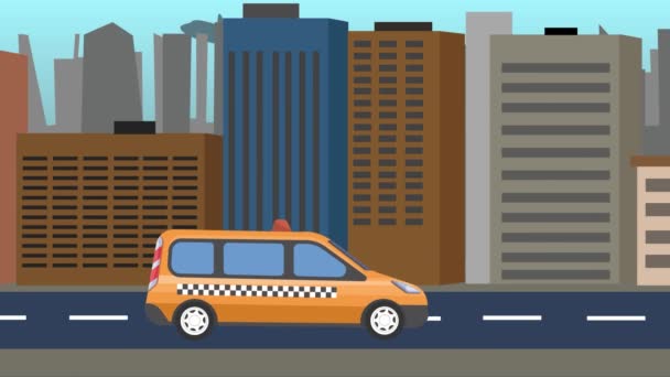 Taxi Samochód Działa Tle Miasta Płaska Animacja Płynna Pętla — Wideo stockowe
