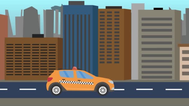 Taxi Samochód Działa Tle Miasta Płaska Animacja Płynna Pętla — Wideo stockowe
