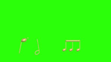 Müzik notaları, yeşil ekran kroma tuş animasyonunda altın desenli elementleri işaretler.