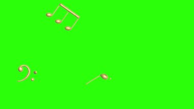 Müzik notaları, yeşil ekran kroma tuş animasyonunda altın desenli elementleri işaretler.