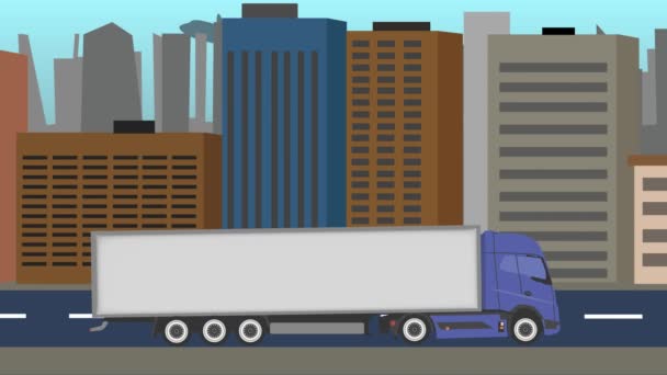 Анімована Їзда Вантажівкою Перед Містом Плоска Анімація — стокове відео