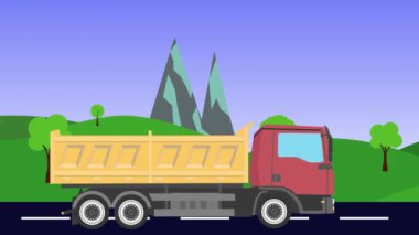 Çizgi film kamyonu yolda ilerliyor. Animasyon, tepe ve dağ arka planı, kusursuz döngü.