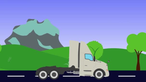 Cartoon Truck Running Way Animation Hills Mountains Background Seamless Loop — Stock Video