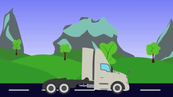 Мультфільм Вантажівка Працює Шляху Анімації Фон Пагорбів Гір Безшовна Петля — стокове відео