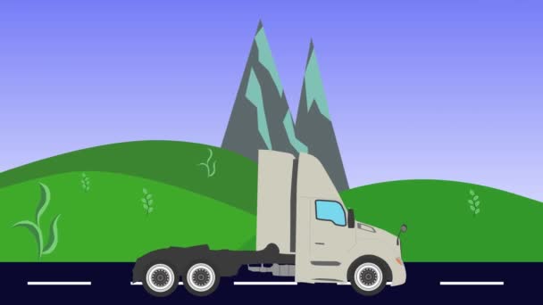 Camión Dibujos Animados Corriendo Camino Animación Colinas Montañas Fondo Bucle — Vídeo de stock