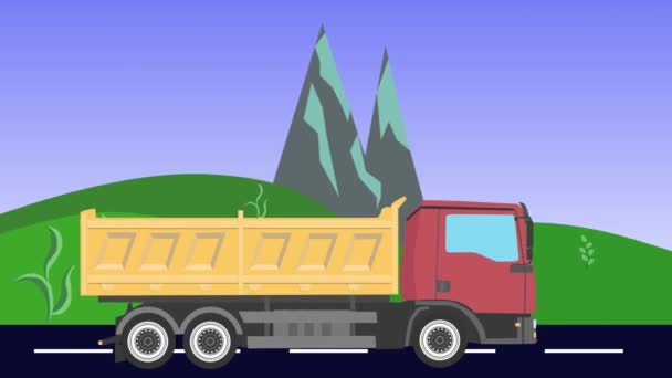 Cartoon Truck Τρέχει Στο Δρόμο Animation Hills Και Βουνά Φόντο — Αρχείο Βίντεο