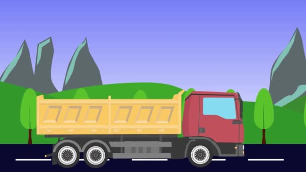 Cartoon Truck Esecuzione Sulla Strada Animazione Colline Montagne Sfondo Loop — Video Stock