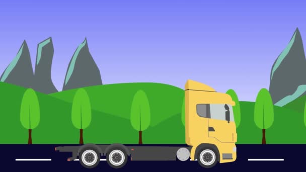 Cartoon Truck Τρέχει Στο Δρόμο Animation Hills Και Βουνά Φόντο — Αρχείο Βίντεο