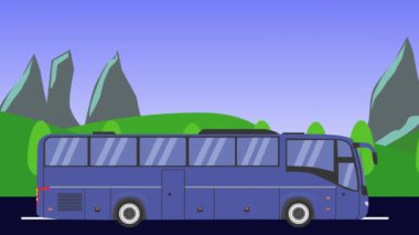 Çizgi film otobüsü animasyon çalışıyor, alanlar ve dağ arkaplanı, kusursuz döngü