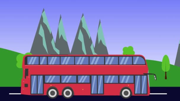Cartoon Bus Uruchomiony Animacja Pola Tło Górskie Płynna Pętla — Wideo stockowe