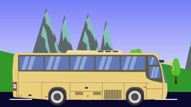 Cartoon Bus Esecuzione Animazione Campi Sfondo Montagna Loop Senza Soluzione — Video Stock