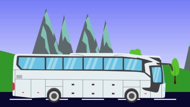 Tecknad Buss Kör Animation Fält Och Berg Bakgrund Sömlös Loop — Stockvideo