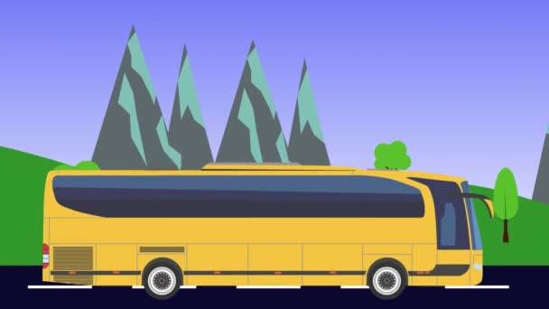 アニメーション フィールド 山の背景 シームレスなループを実行する漫画バス — ストック動画