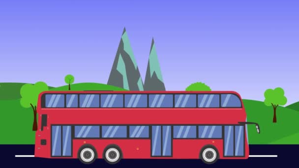 Animación Ejecución Autobús Dibujos Animados Campos Fondo Montaña Bucle Sin — Vídeos de Stock