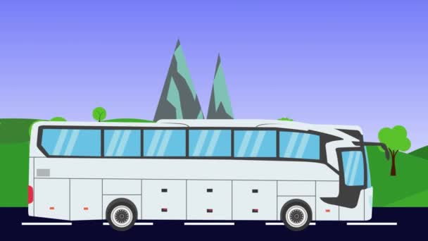 Cartoon Bus Draait Animatie Velden Bergen Achtergrond Naadloze Lus — Stockvideo