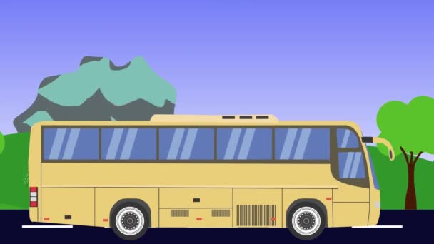 Мультфільм Автобус Працює Анімація Поля Гірський Фон Безшовна Петля — стокове відео