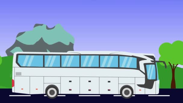 Cartoon Bus Animant Champs Fond Montagne Boucle Transparente — Video