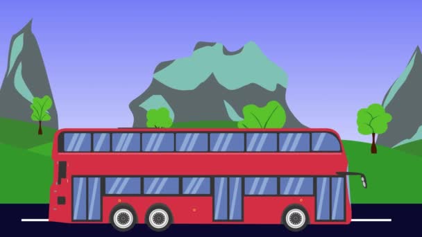 Çizgi Film Otobüsü Animasyon Çalışıyor Alanlar Dağ Arkaplanı Kusursuz Döngü — Stok video