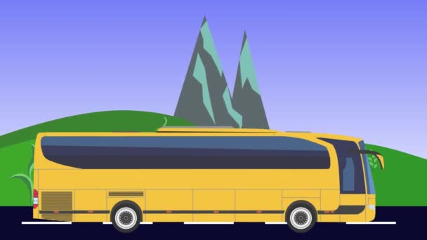 Tecknad Buss Kör Animation Fält Och Berg Bakgrund Sömlös Loop — Stockvideo